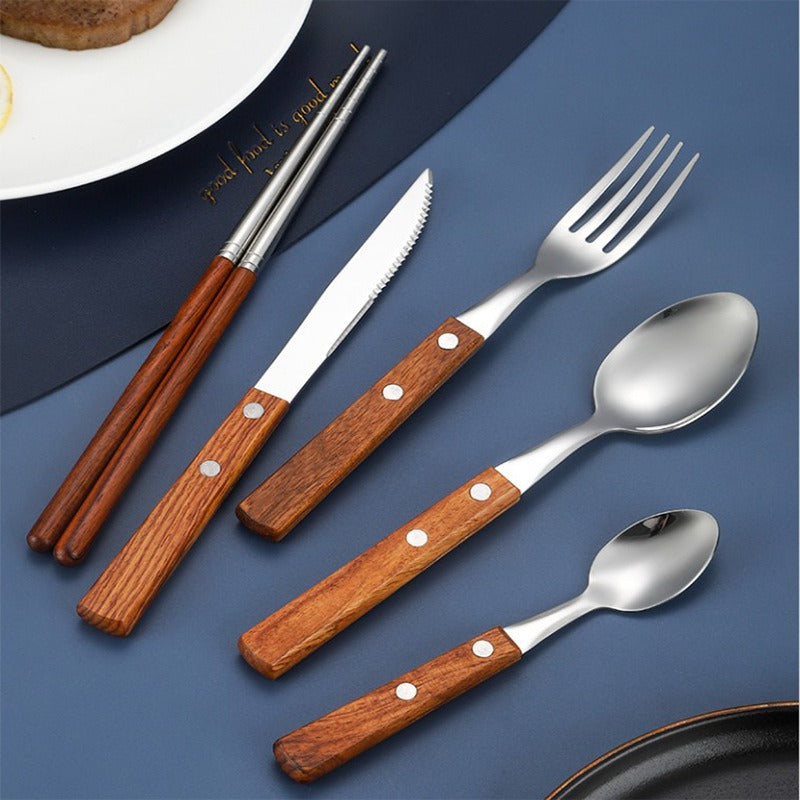 304 Rosewood Knife, Fork, Spoon, Stainless Steel Tableware, Solid Wood Handle, Steak Knife, Fork, Spoon, Dessert Spoon, Chopstic - Knife, Fork, Spoon, Tea Spoon, Chopsticks -5-Piece Set (Gift Box)