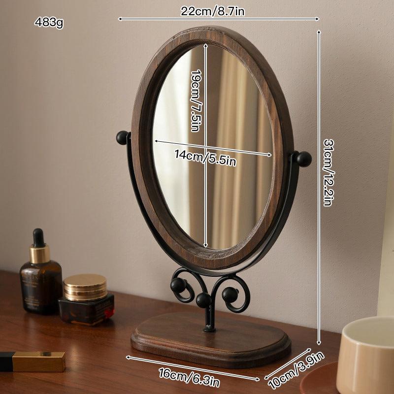 Bedroom Vintage Tabletop Mirror, Solid Wood Makeup Mirror, Household Desktop Wooden Chinese-Style Upright Rotatable Dressing Mirror