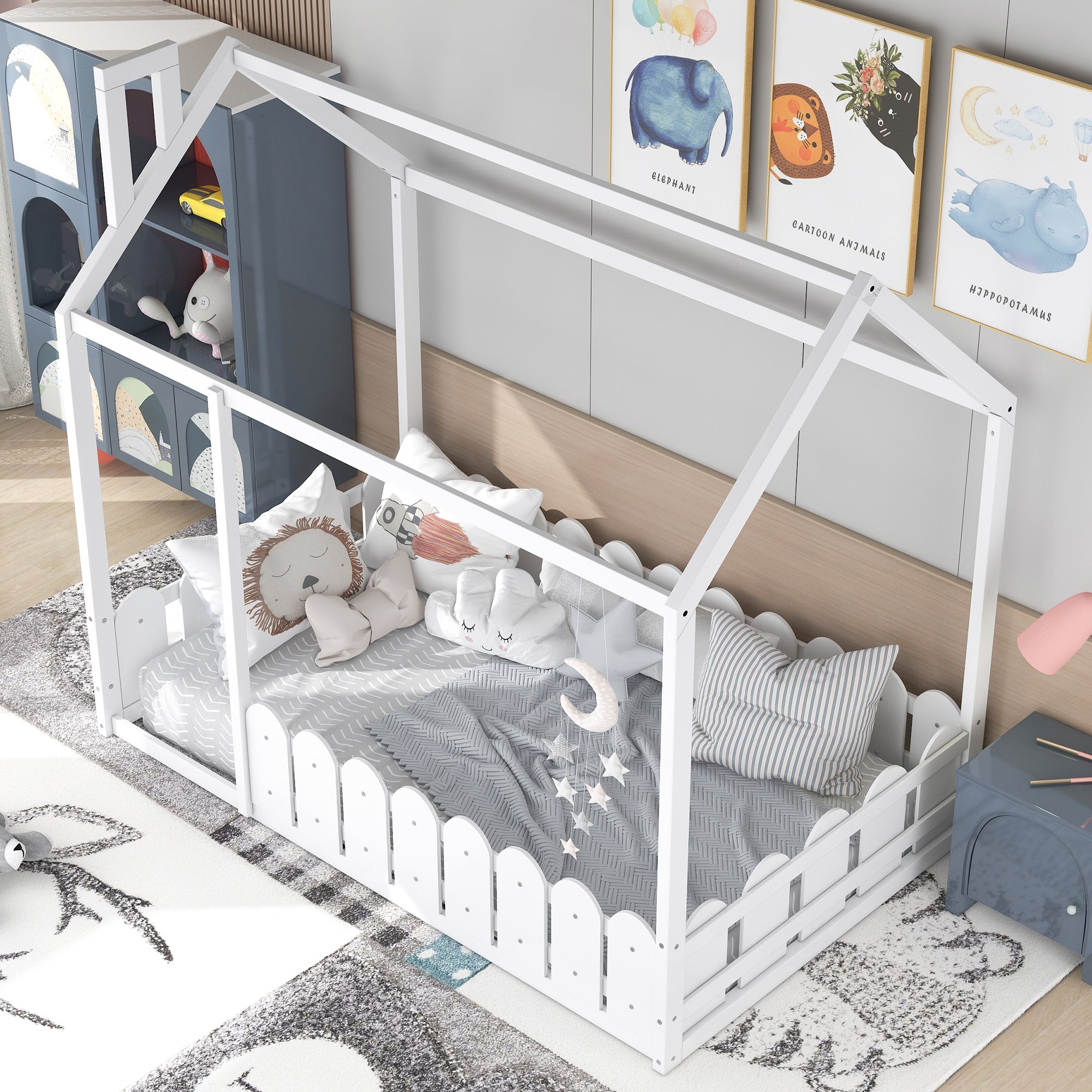 {Slats are not included}Twin Size Wood Bed House Bed Frame with Fence for KidsTeens Girls Boys {White}