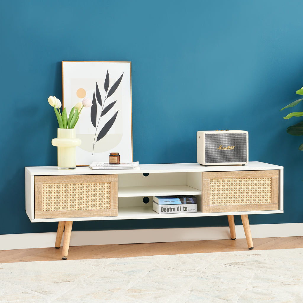 55.12" Rattan TV cabinet double sliding doors for storage adjustable shelf solid wood legs TV console for living room  White