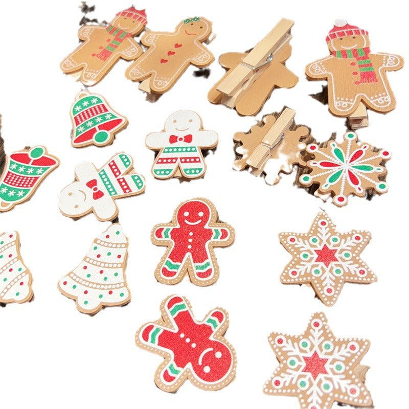 Christmas Gingerbread Man Wooden Clips DIY Snowflake Bell Gift Box Decoration Small Wood Clips  2 pcs