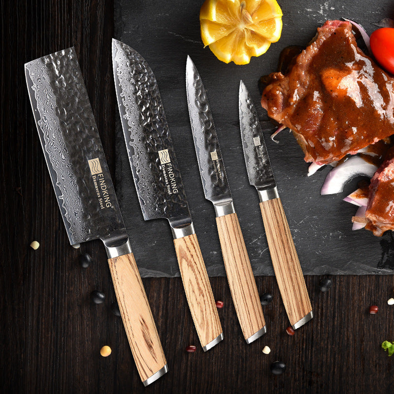 Damascus 4 Piece Knife Hammer Pattern Chef Knife Solid Wood Slicing Knife Household Kitchen Knife Meat Cleaver - 1 Set