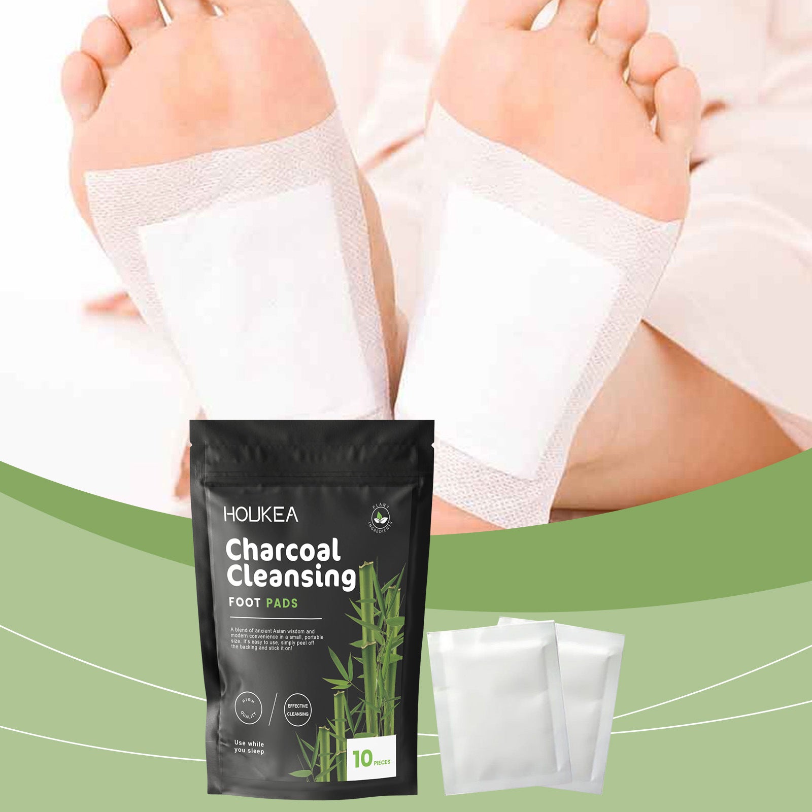 HOUKEA Bamboo Charcoal Foot Patches Gentle Daily Foot Cleaning and Body Care Bamboo Charcoal Foot Care Patch - 10 pieces