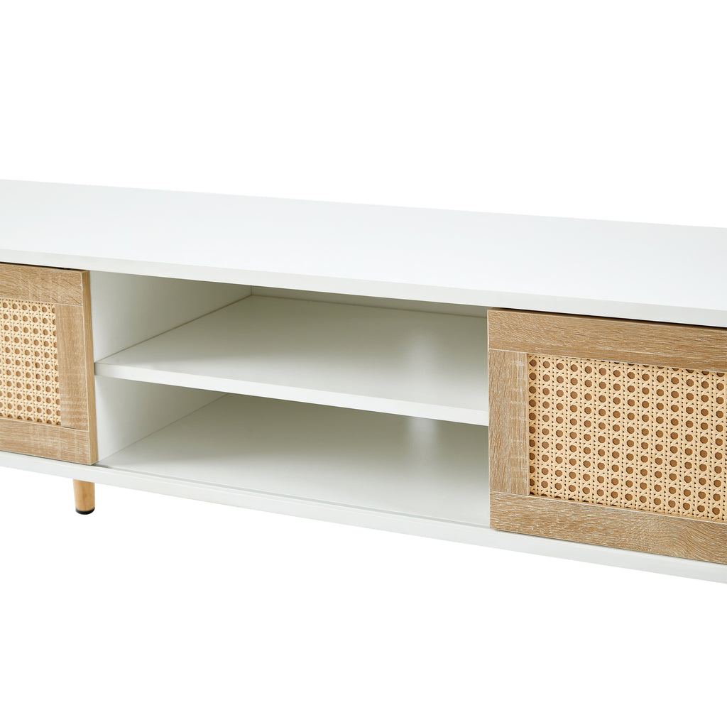 55.12" Rattan TV cabinet double sliding doors for storage adjustable shelf solid wood legs TV console for living room  White