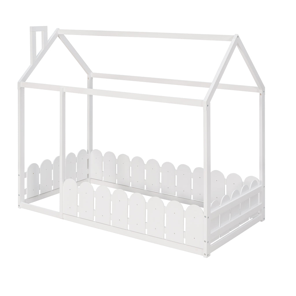 {Slats are not included}Twin Size Wood Bed House Bed Frame with Fence for KidsTeens Girls Boys {White}