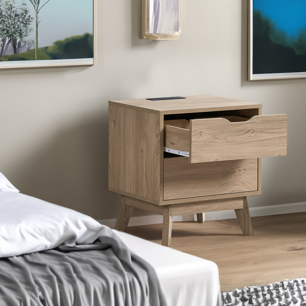 NORDICA bedside table with USB and Type-C charging station, drawer slide pre installed with natural oak wood - Oak + Particle Board + Particle Board
