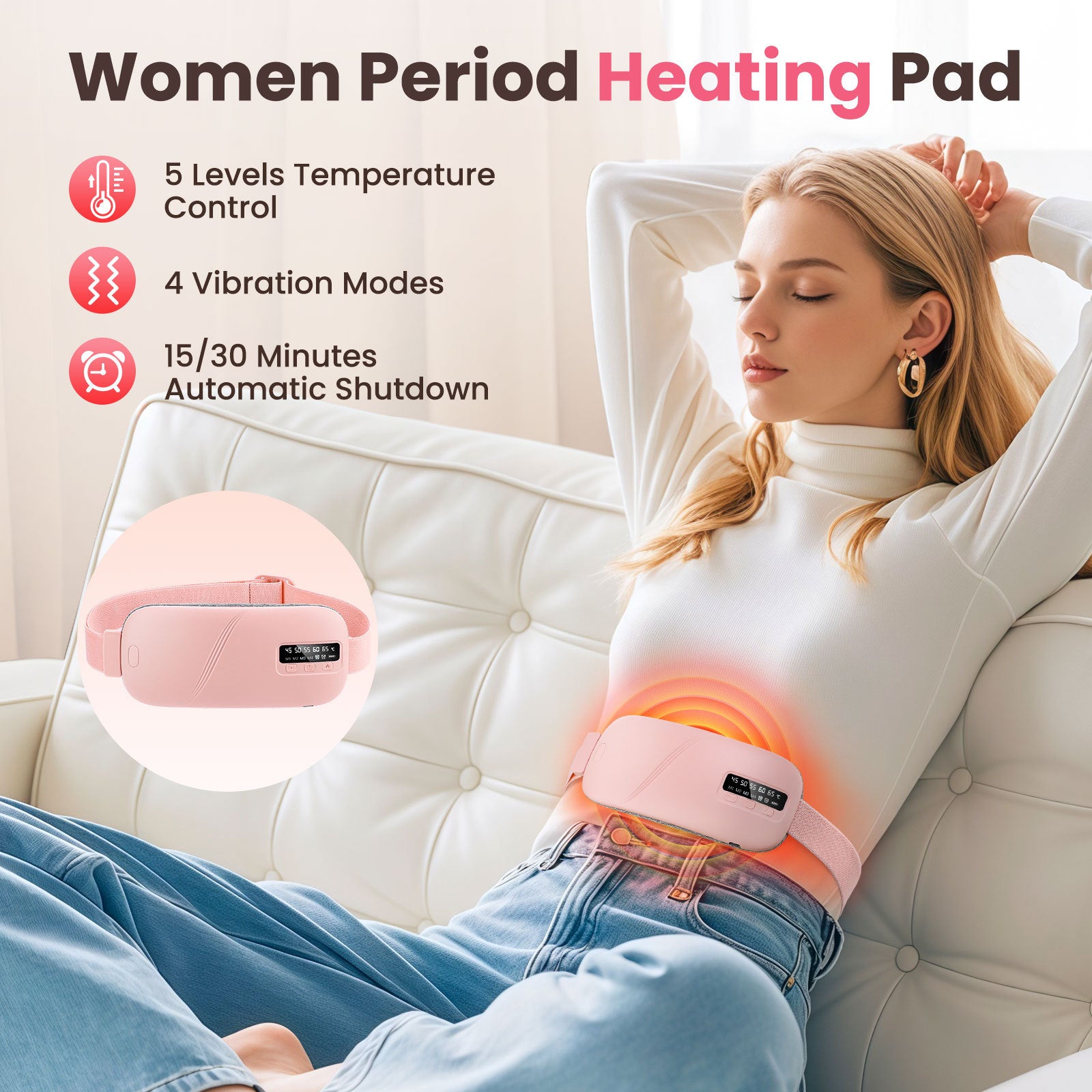 Wireless Heat Therapy Massage Belt for Women - Menstrual Pain Relief & Abdominal Massage Device - White