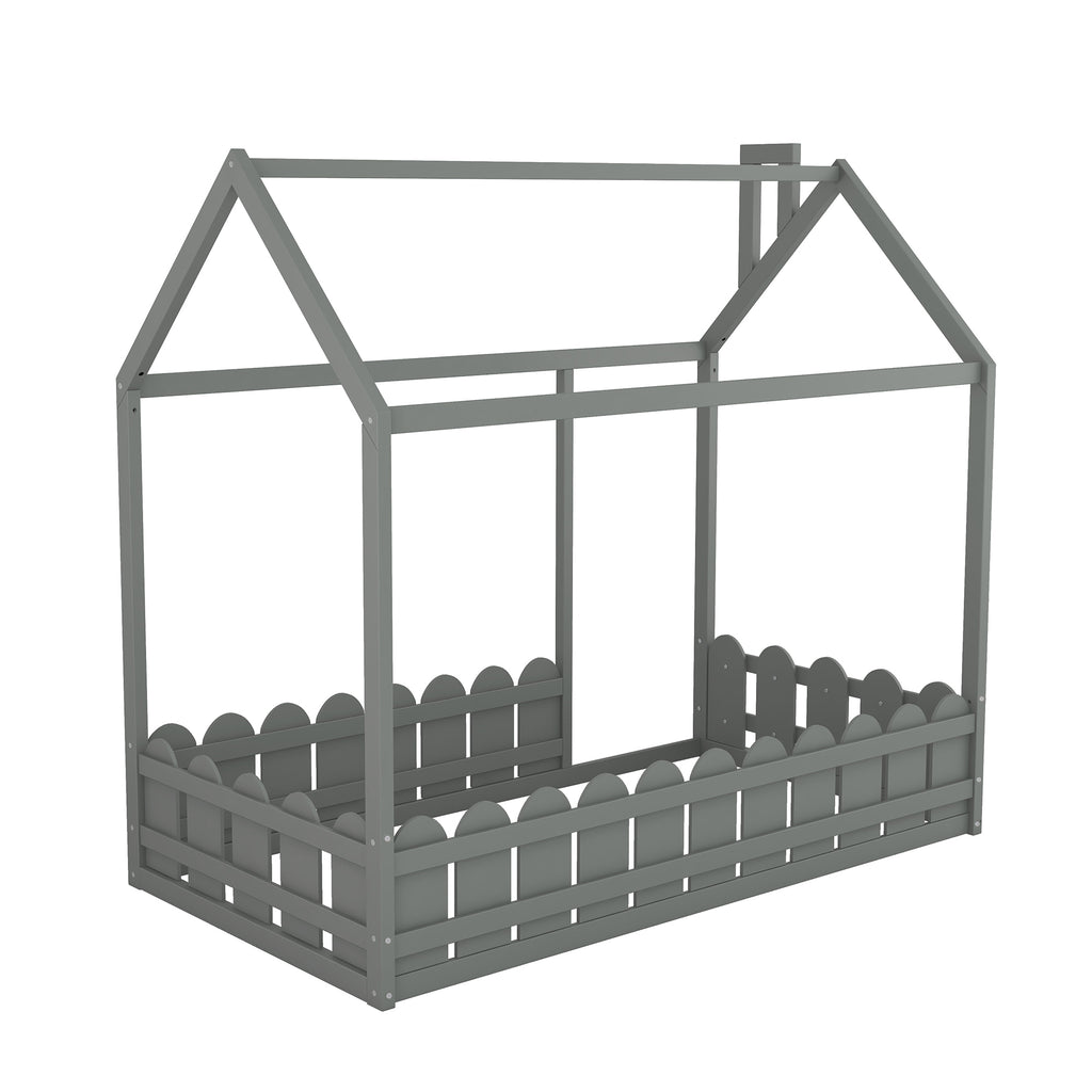 {Slats are not included}Twin Size Wood Bed House Bed Frame with Fence for Kids Teens Girls Boys {Gray}