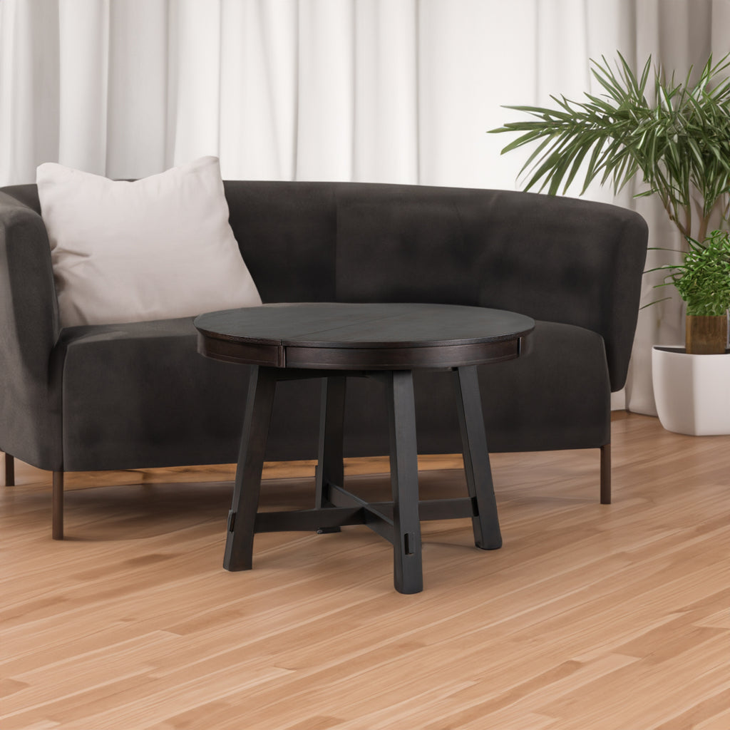 TREXM Farmhouse Round Extendable Dining Table with 16" Leaf Wood Kitchen Table (Espresso) - Espresso + Solid Wood + Table