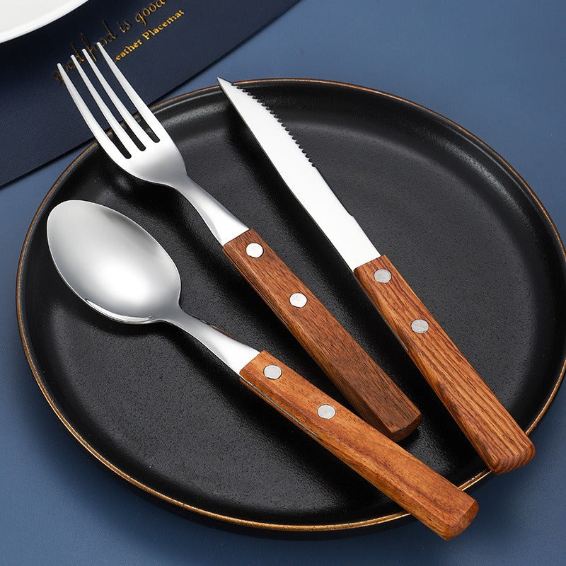 304 Pear Wood Knife And Fork Spoon Stainless Steel Cutlery Solid Wood Handle Steak Knife And Fork Spoon Dessert Spoon Chopsticks
