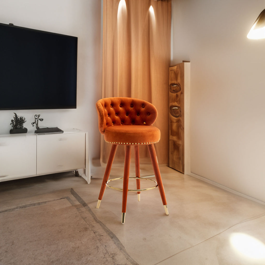 COOLMORE Counter Height Bar Stools Set of 2 for Kitchen Counter Solid Wood Legs with a fixed height of 360 degrees - Orange + Velvet