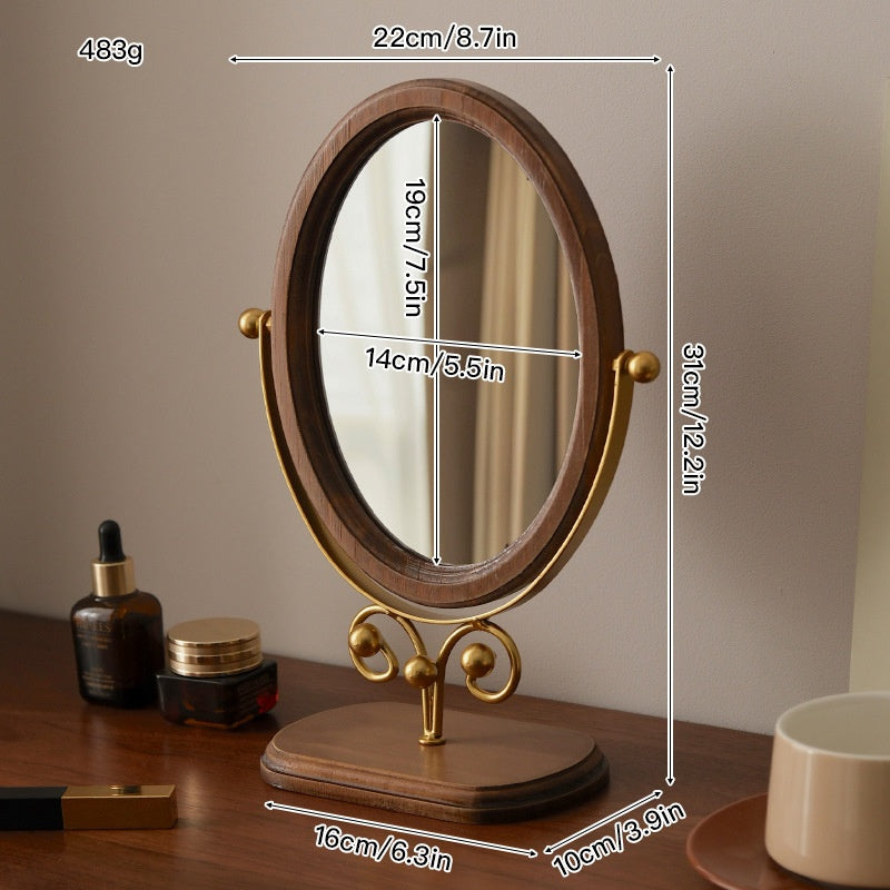 Bedroom Vintage Tabletop Mirror, Solid Wood Makeup Mirror, Household Desktop Wooden Chinese-Style Upright Rotatable Dressing Mirror