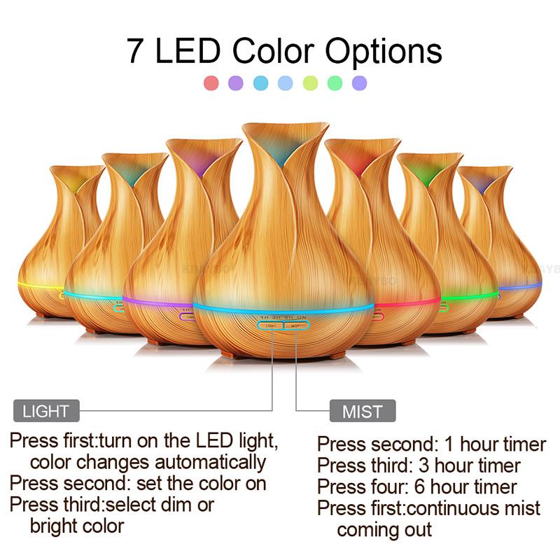 Aroma Essential Oil Diffuser Ultrasonic Air Humidifier with Wood Grain 7 Color Changing LED Lights for Office Home 400ml