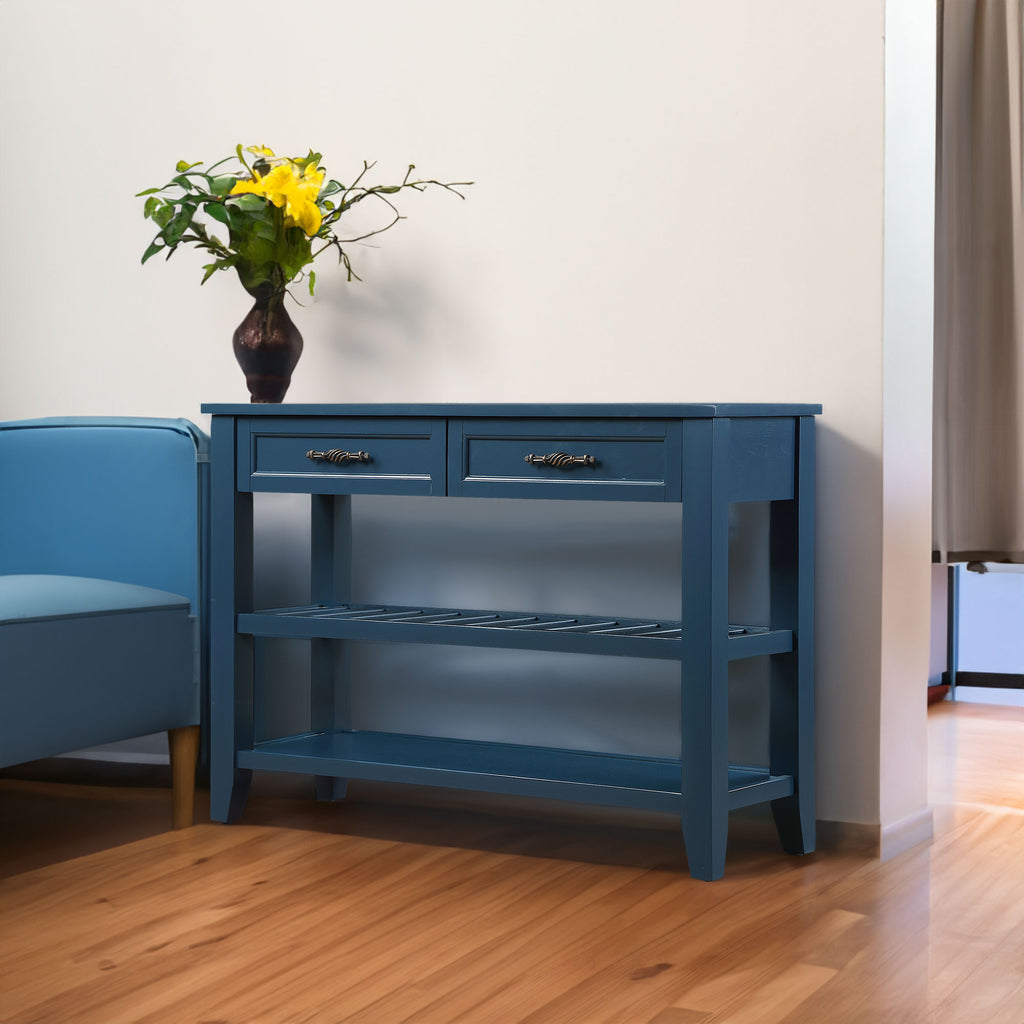 Console Sofa Table with 2 Storage Drawers and 2 Tiers Shelves Mid-Century Style 42'' Solid Wood Buffet Sideboard Navy Blue - Navy Blue + Pine
