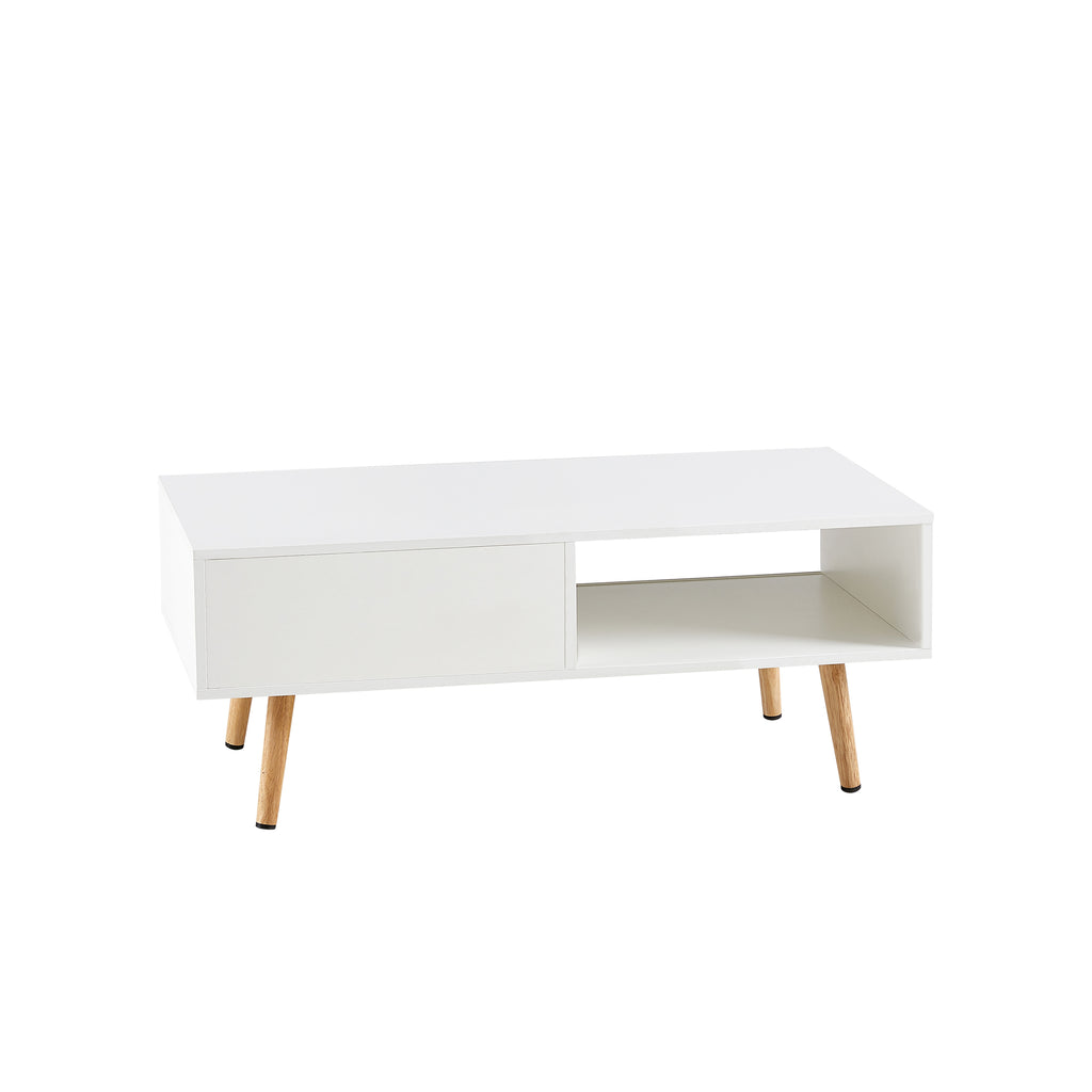 41.34" Rattan Coffee table sliding door for storage solid wood legs White
