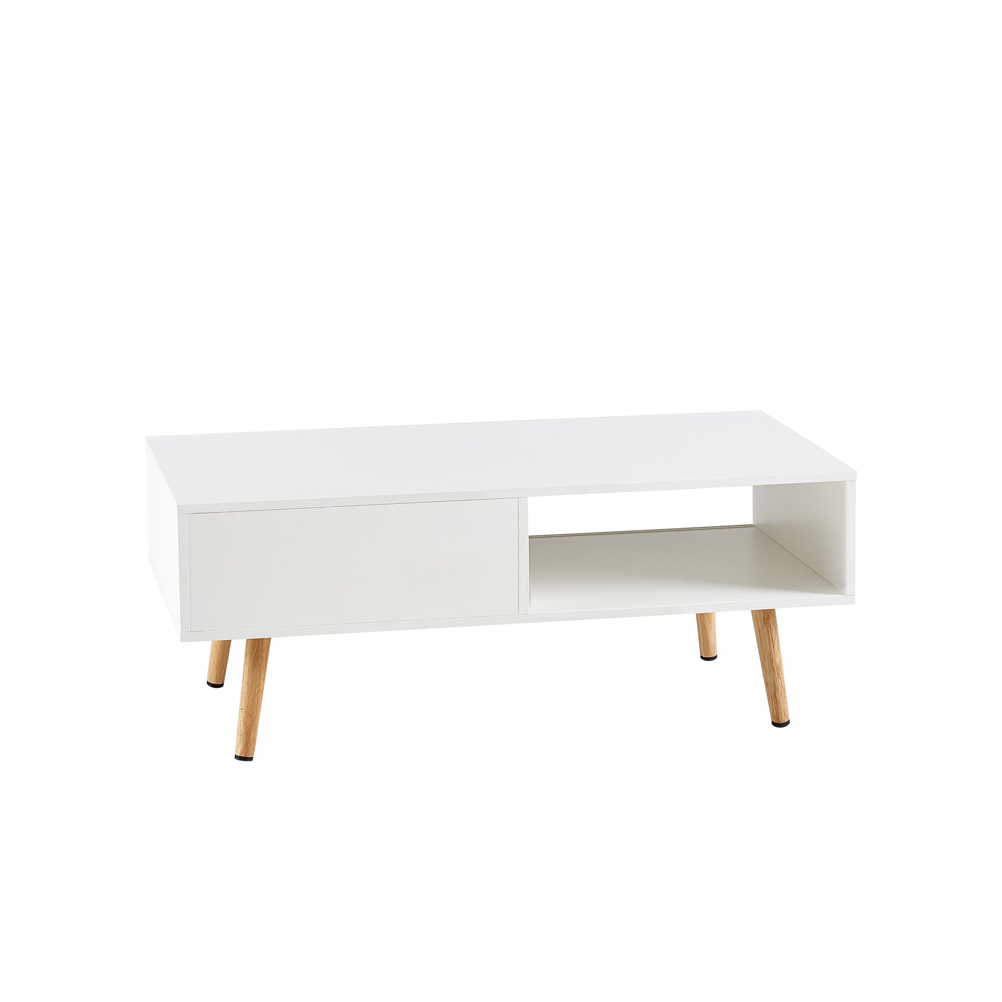 41.34" Rattan Coffee table sliding door for storage solid wood legs White