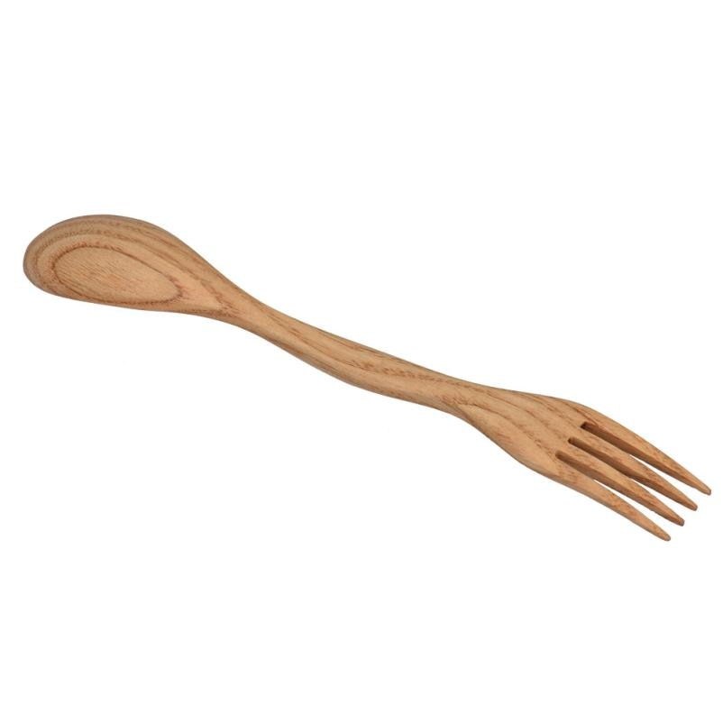 Natural Wood Spoon Fork Spork Dual Creative Unpainted Dining