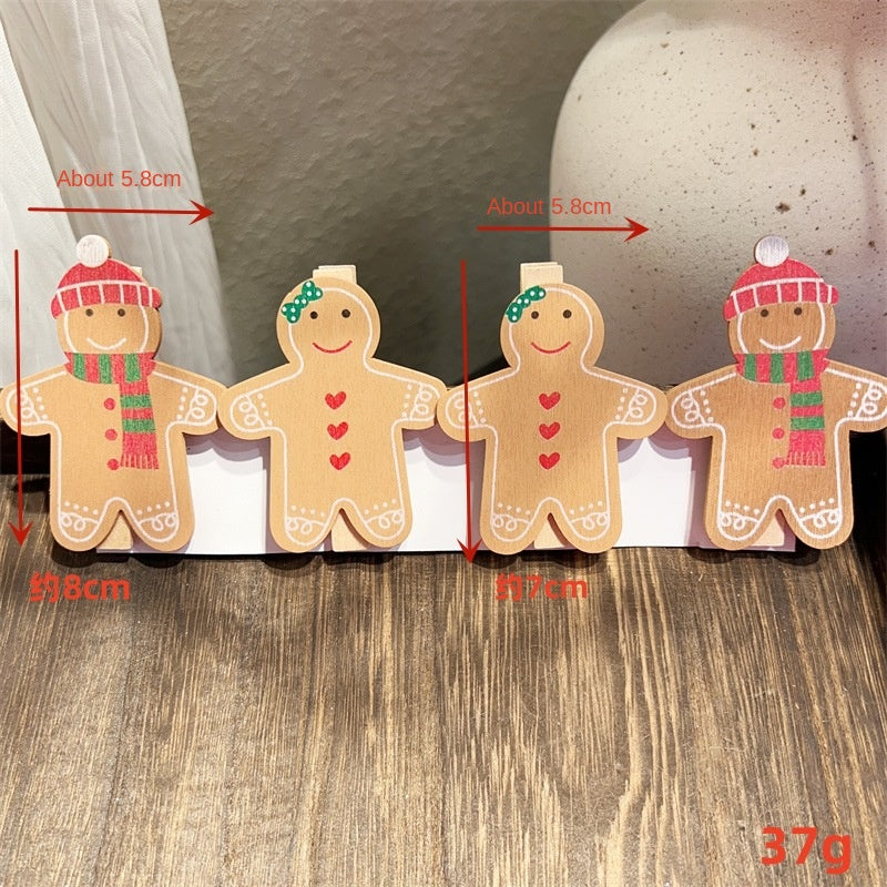 Christmas Gingerbread Man Wooden Clips DIY Snowflake Bell Gift Box Decoration Small Wood Clips  2 pcs
