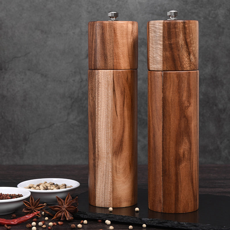 Cylindrical Grinder Acacia Wood Pepper Mill Ceramic Core Manual Pepper Grinder Multipurpose Seasoning Bottle Kitchen Tool - 2pcs