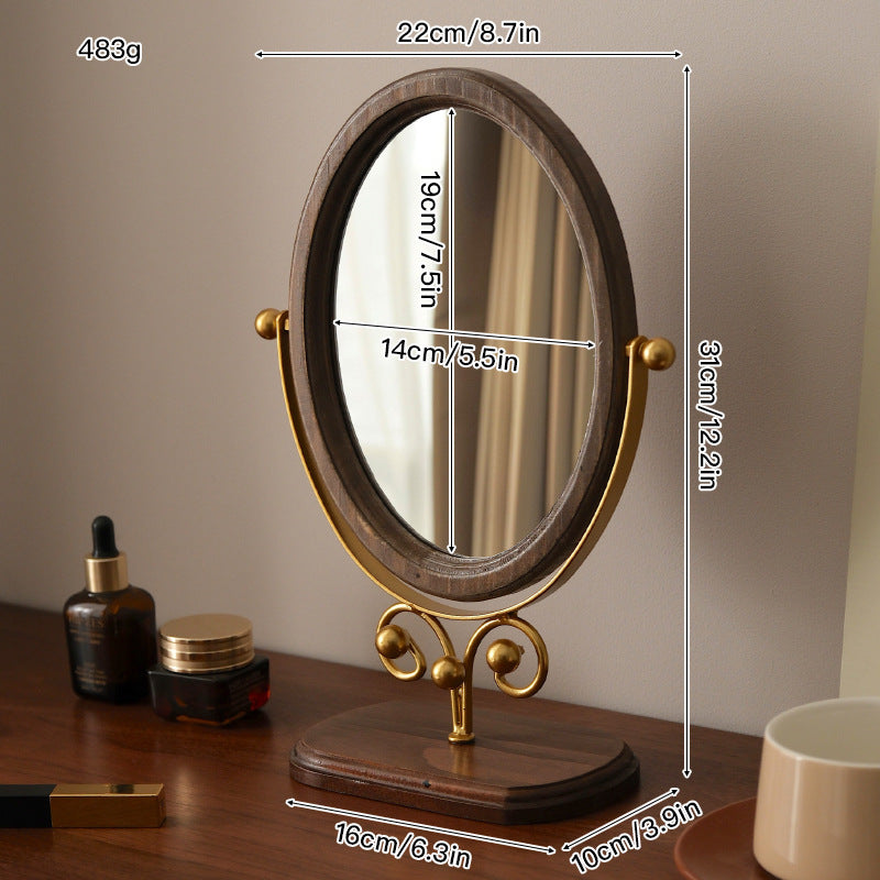 Bedroom Vintage Tabletop Mirror, Solid Wood Makeup Mirror, Household Desktop Wooden Chinese-Style Upright Rotatable Dressing Mirror