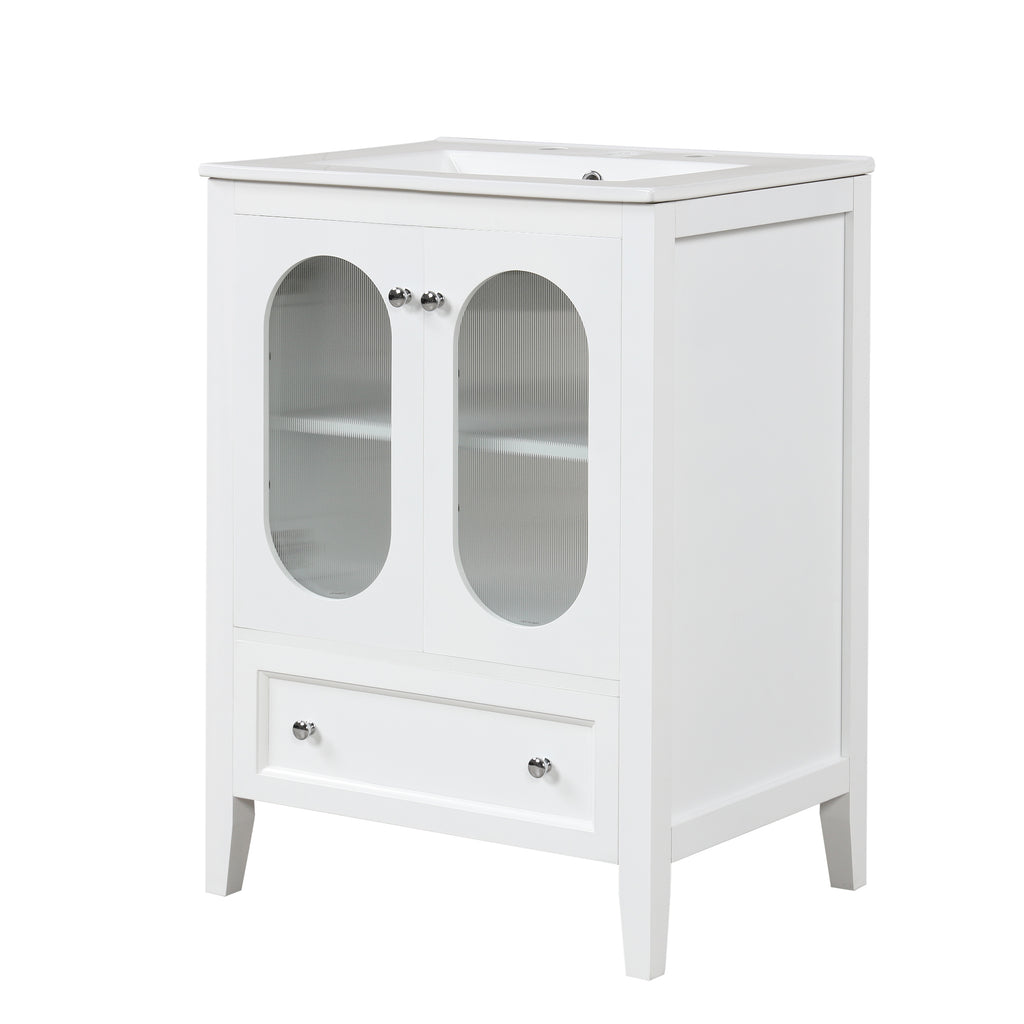 24" Bathroom Vanity with Sink, Bathroom Vanity Cabinet with One Drawer and Doors, Adjustable Shelf, Solid Wood and MDF, White