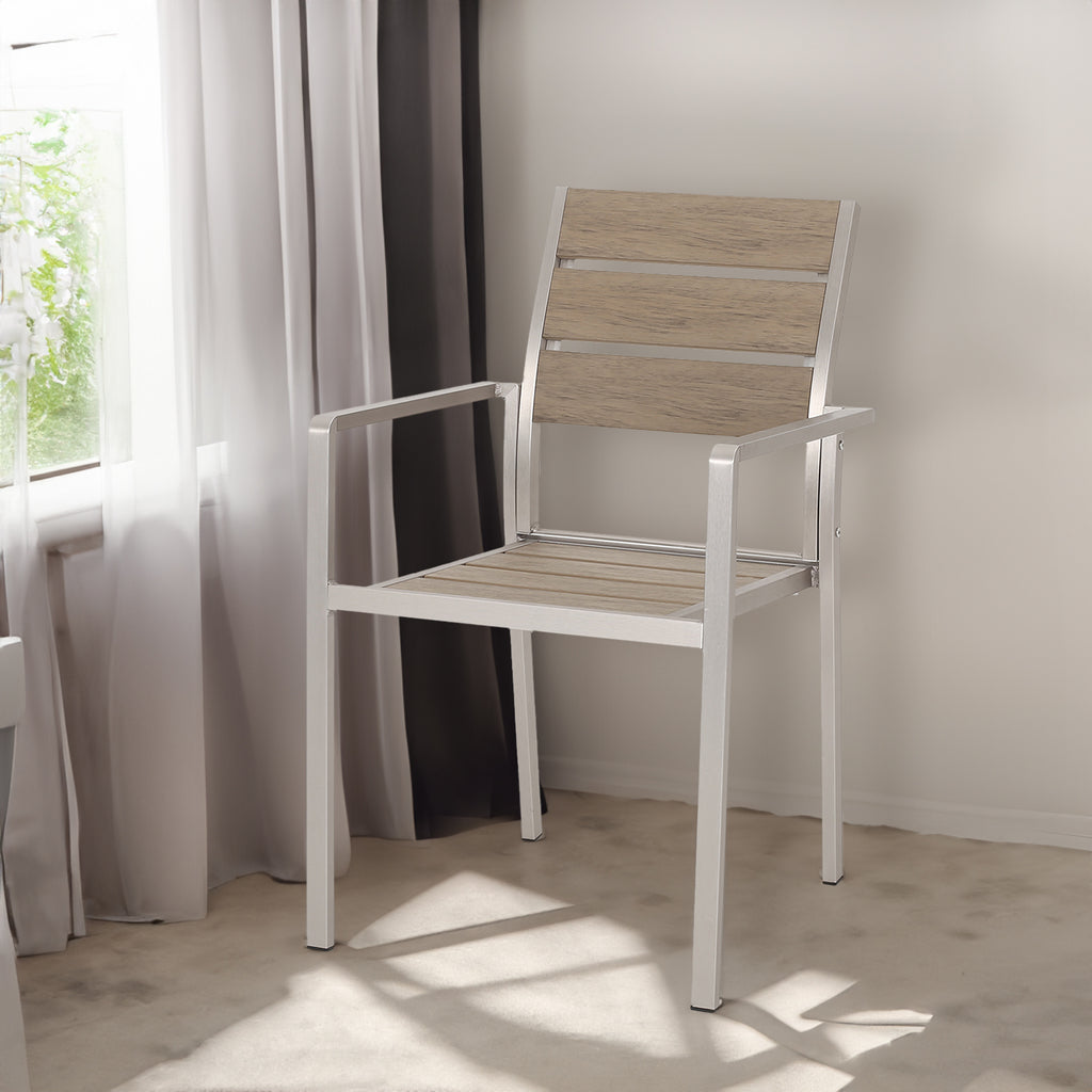 Outdoor Modern Aluminum Dining Chair with Faux Wood Seat (Set of 2), Natural and Silver - Natural