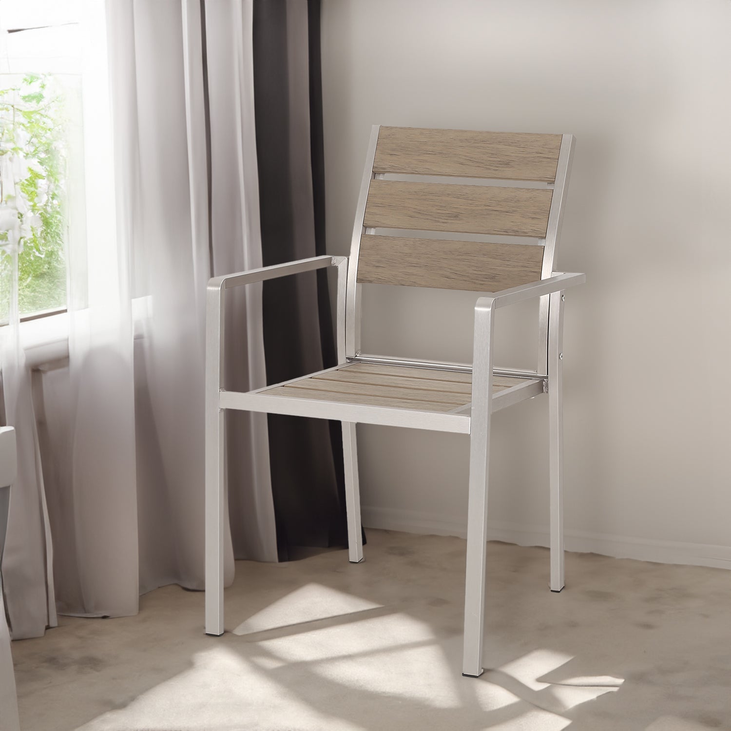Outdoor Modern Aluminum Dining Chair with Faux Wood Seat (Set of 2), Natural and Silver - Natural