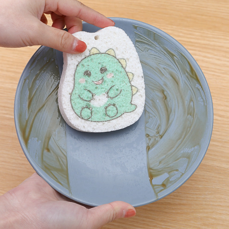 Cartoon Absorbent Wood Pulp Cotton Compressed Sponge Wipes With Water And Becomes Large Dishcloth Non-Stick Oil Sponge Brush Pot And Bowl Artifact - Rabbit  (send Lanyard)