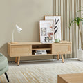 55.12" Rattan TV cabinet double sliding doors for storage adjustable shelf solid wood legs TV console for living room natural