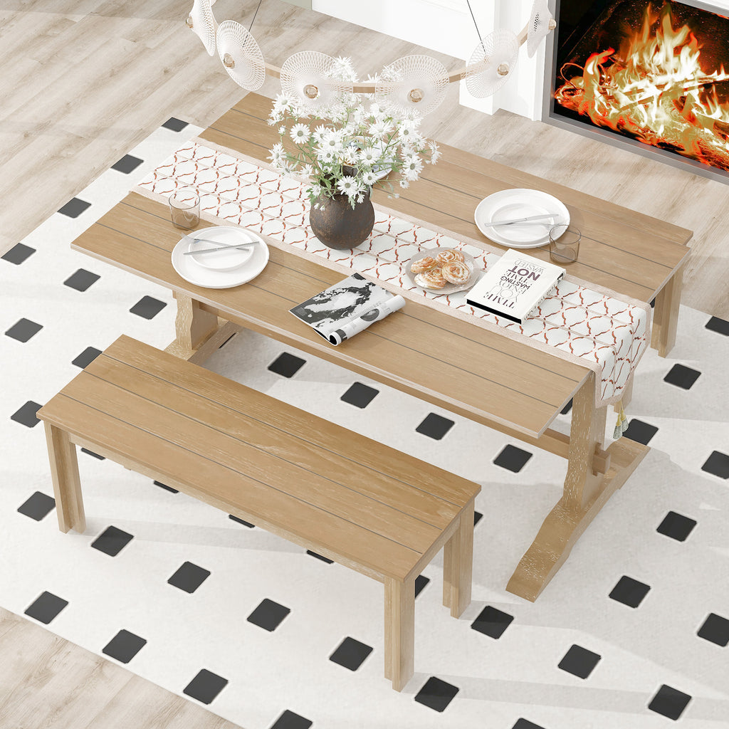 TREXM 3-piece retro dining table, rectangular stand table, and 2 4-person wooden stools (made of natural wood)