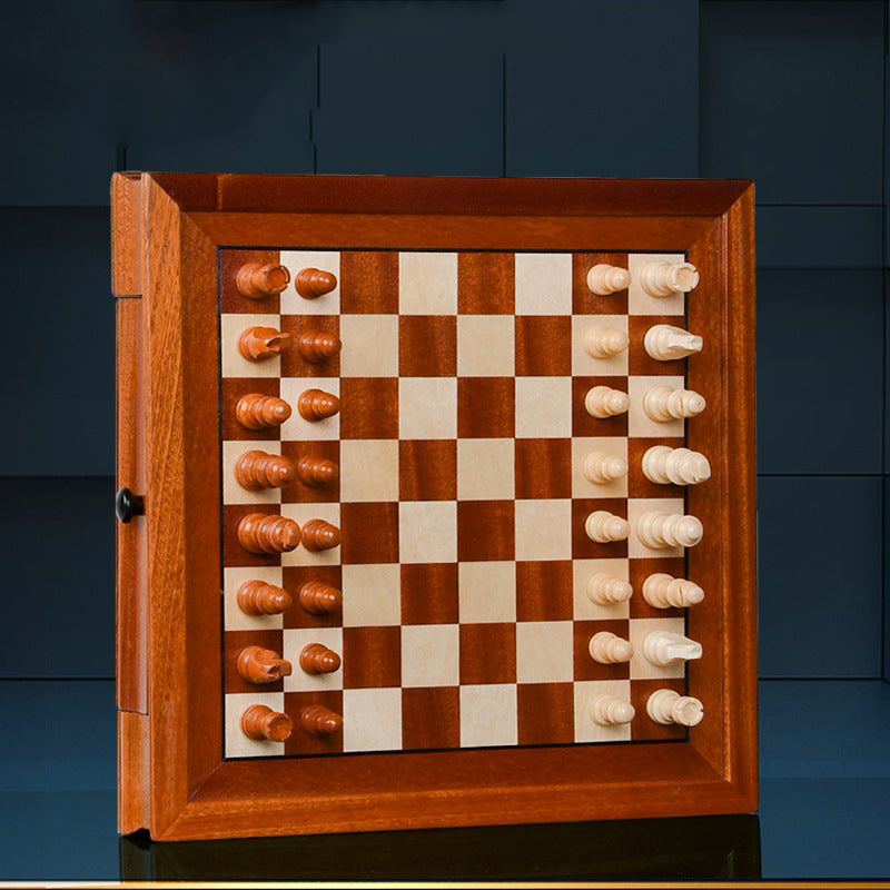 Drawer style solid wood veneer splicing chessboard magnetic chess box set - 2.2 inches
