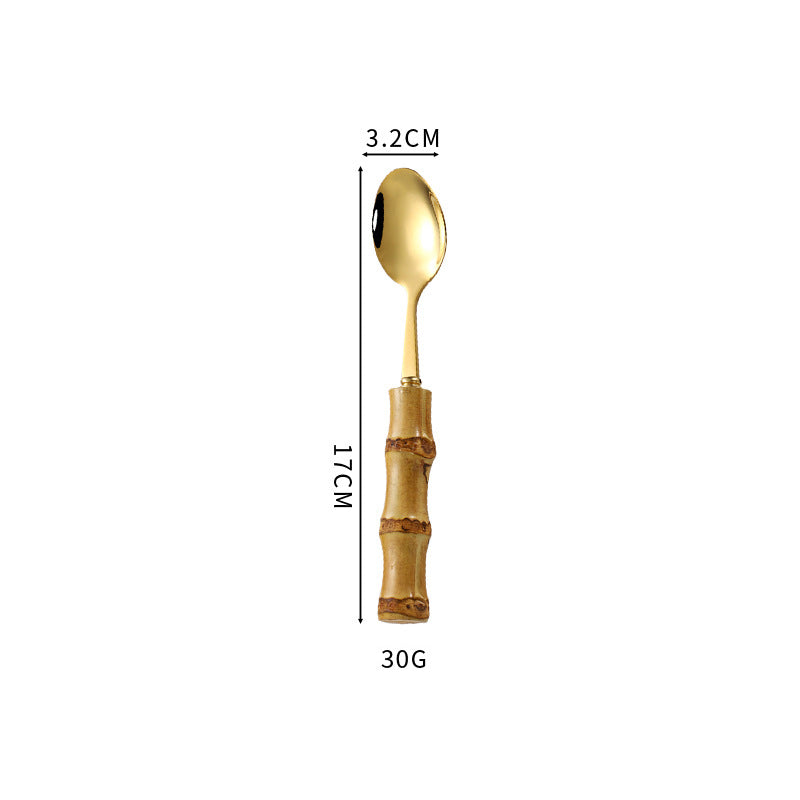 Natural Bamboo Handle Stainless Steel Tableware, Dessert Salad Spoon Fork, Bamboo Joint Handle, Western Food Steak Knife