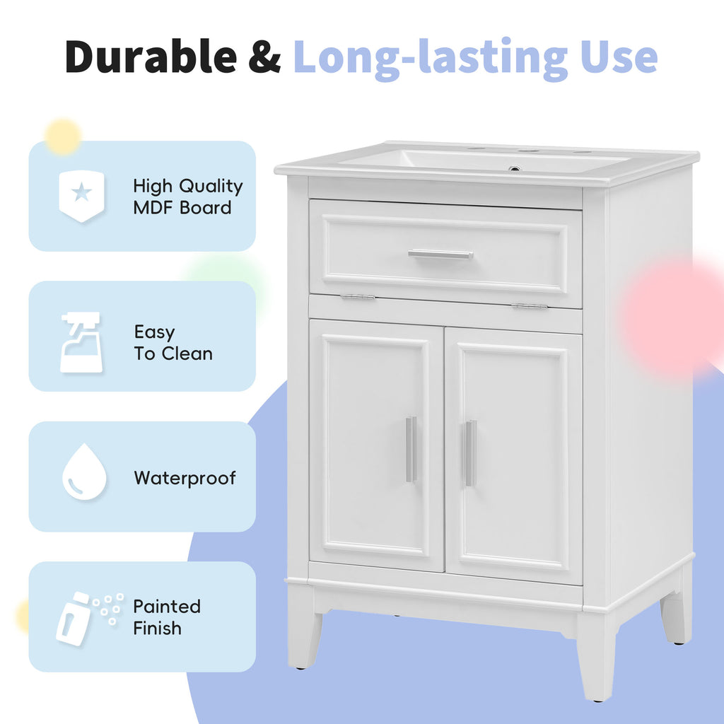 24" Bathroom Vanity with Sink, Bathroom Vanity Cabinet with One Flip Drawer and Doors, Solid Wood and MDF, White