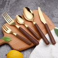 Imitation Wood Handle Steak Stainless Steel Knife Fork Spoon Wood Grain Dessert Spoon Hotel Gold-Plated Tableware Set - Golden
