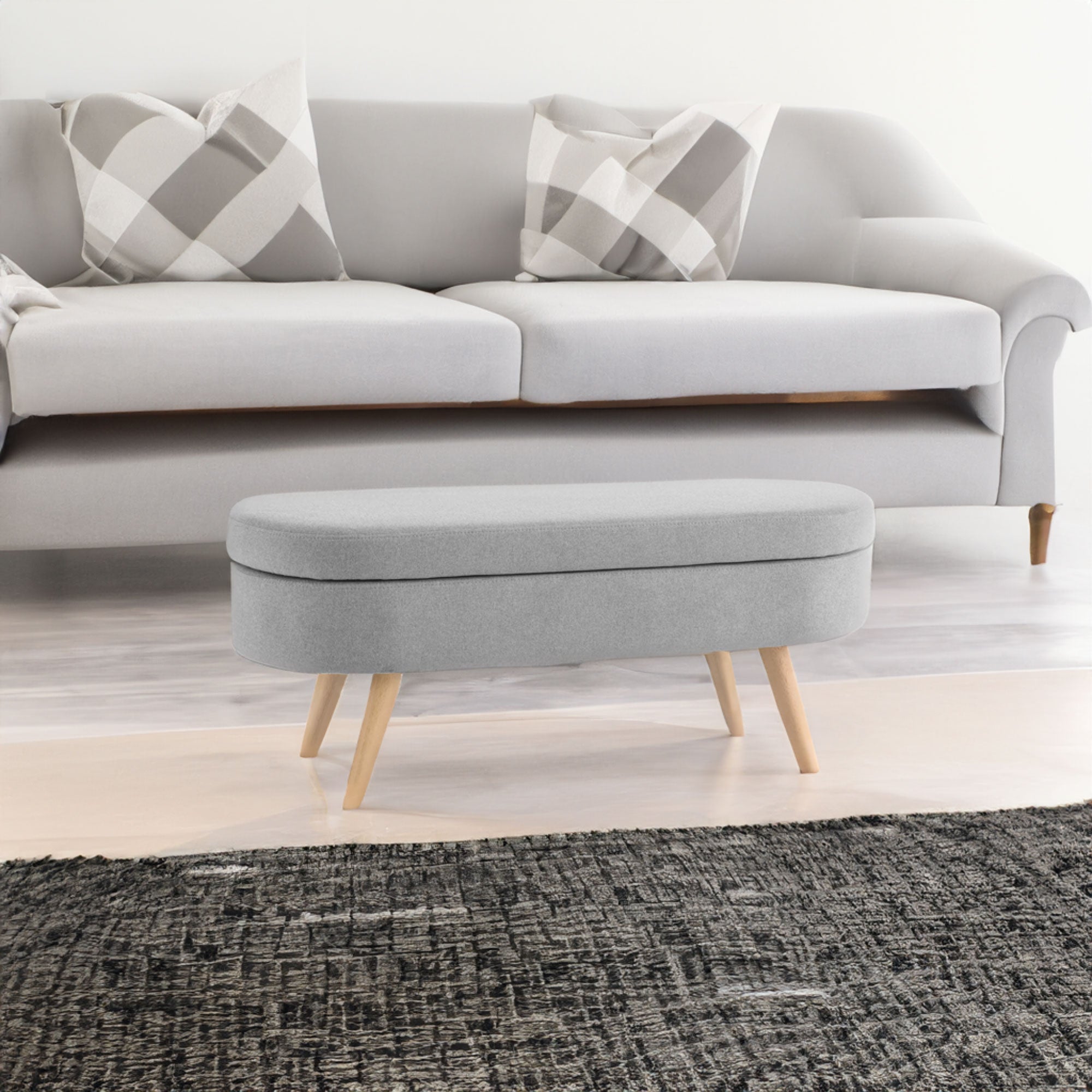 Ottoman Oval Storage Bench Rubber Wood Legs Grey(43.5"x16"x16") - Grey + Linen