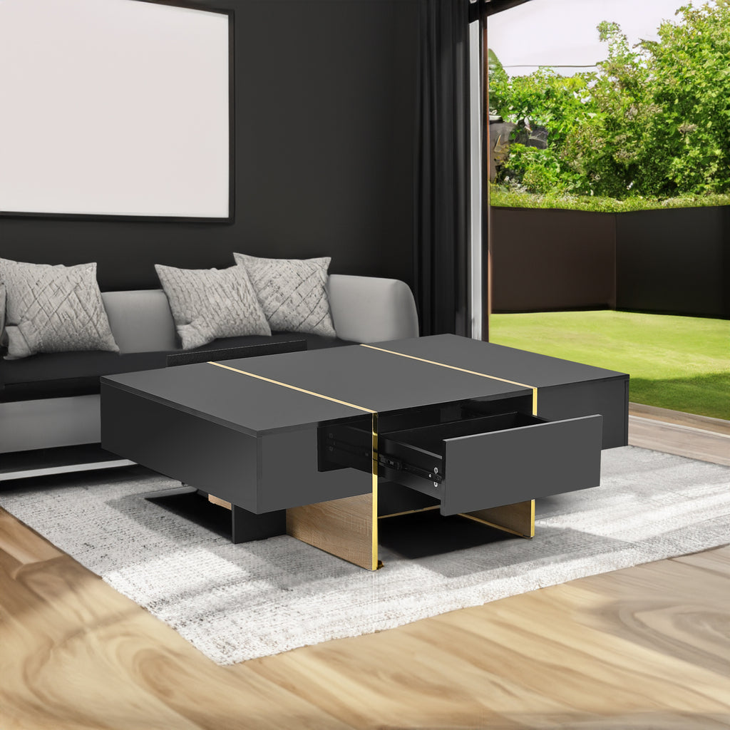 ON-TRANS 47.2 inch x 31.4 inch multifunctional rectangular sofa table with 2 drawers and gold wood grain leg center table, black - Black + Particle Board+MDF