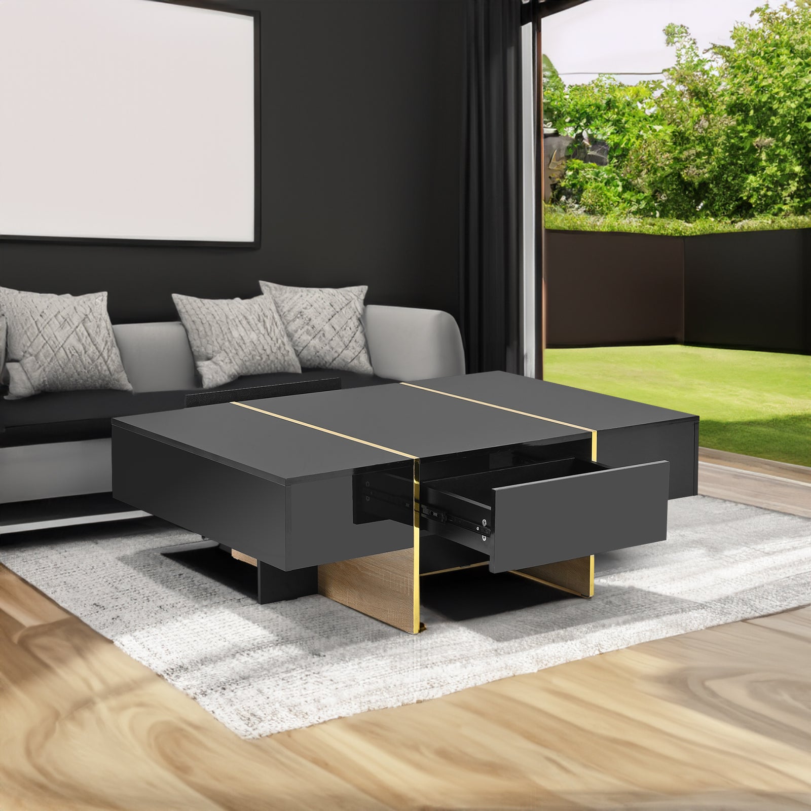 ON-TRANS 47.2 inch x 31.4 inch multifunctional rectangular sofa table with 2 drawers and gold wood grain leg center table, black - Black + Particle Board+MDF