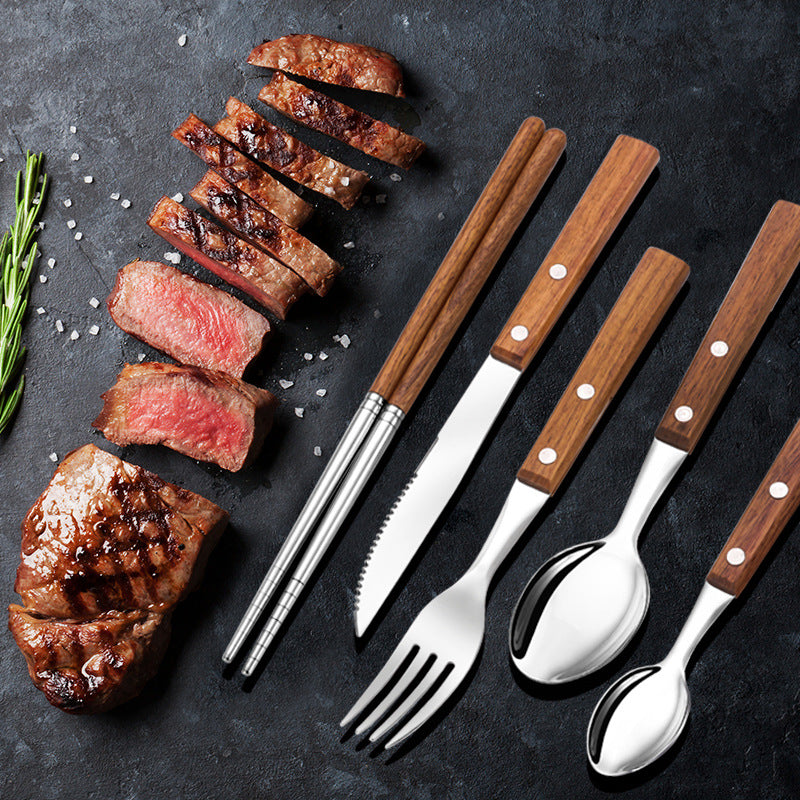 Pear Wood Handle Stainless Steel Western Tableware Chopsticks 304 Steak Knife, Fork And Spoon Five-Piece Set - 5 Pcs Set