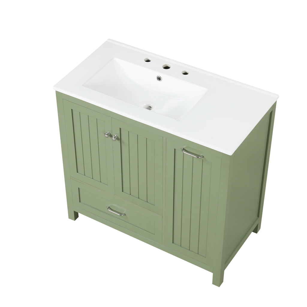 36 inch bathroom vanity with sink, one double door cabinet one large drawer and one flip drawer solid wood and MDF board, green