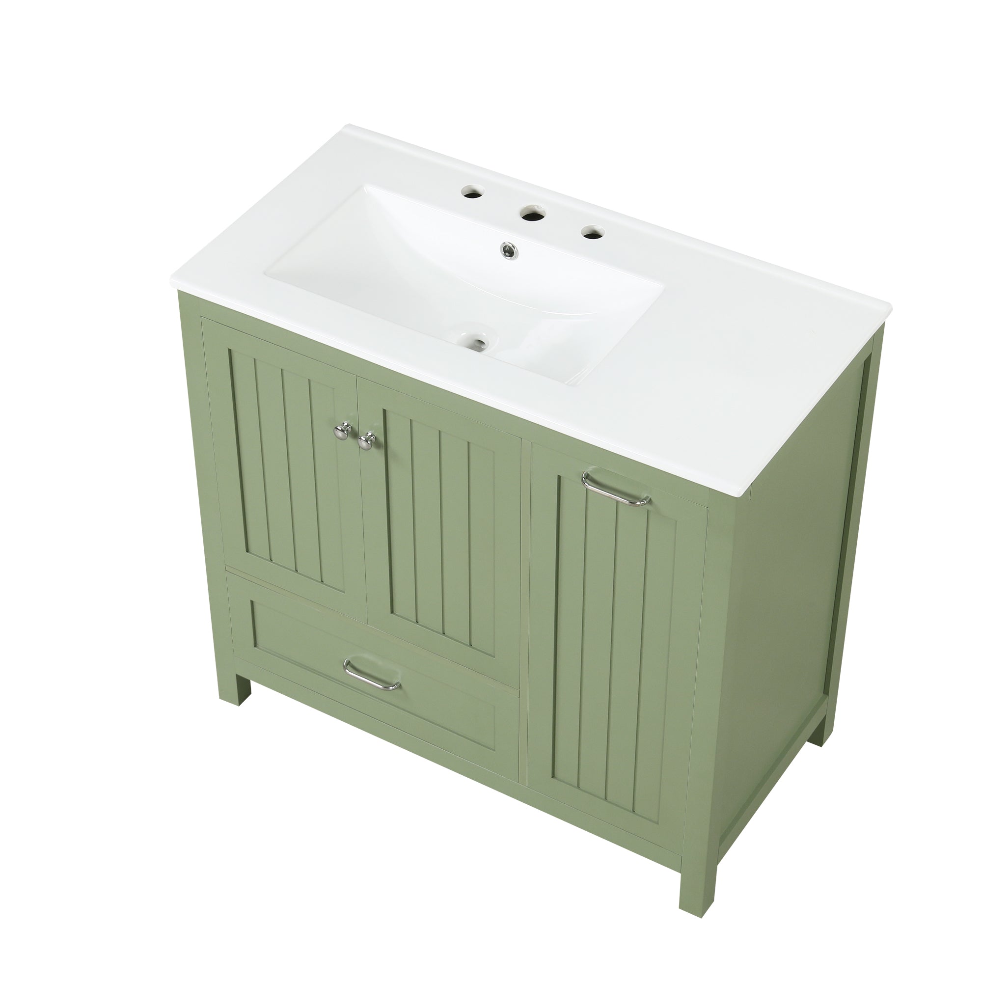 36 inch bathroom vanity with sink, one double door cabinet one large drawer and one flip drawer solid wood and MDF board, green
