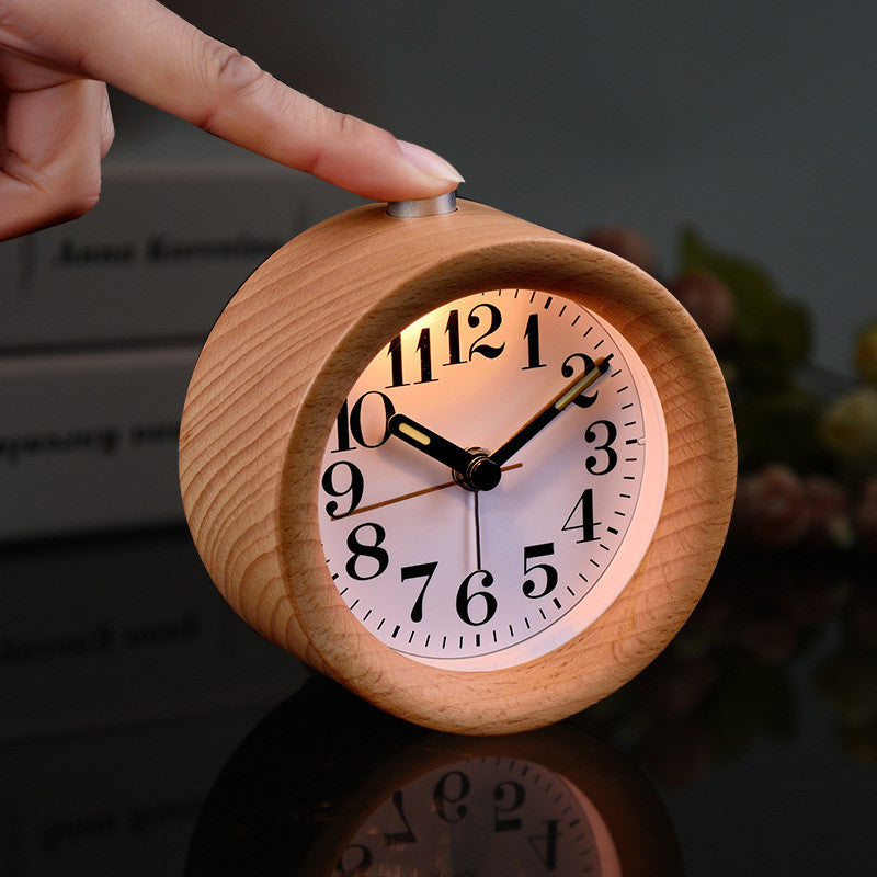 Solid Wood Alarm Clock with Night Light Students Desk Clock Wooden Clock Bedroom Bedside Wake Up Table Clock - as shown