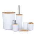 Light Luxury Bamboo and Wood Bathroom Set, Wash Basin, Table Top, Toilet Supplies, Plastic Toilet Brush, Garbage Bin - 4-Piece Set - Gray