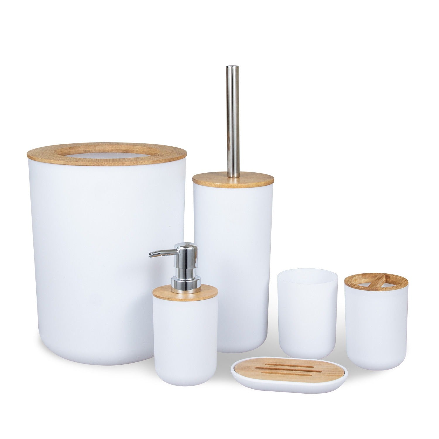 Light Luxury Bamboo and Wood Bathroom Set, Wash Basin, Table Top, Toilet Supplies, Plastic Toilet Brush, Garbage Bin - 4-Piece Set - Gray
