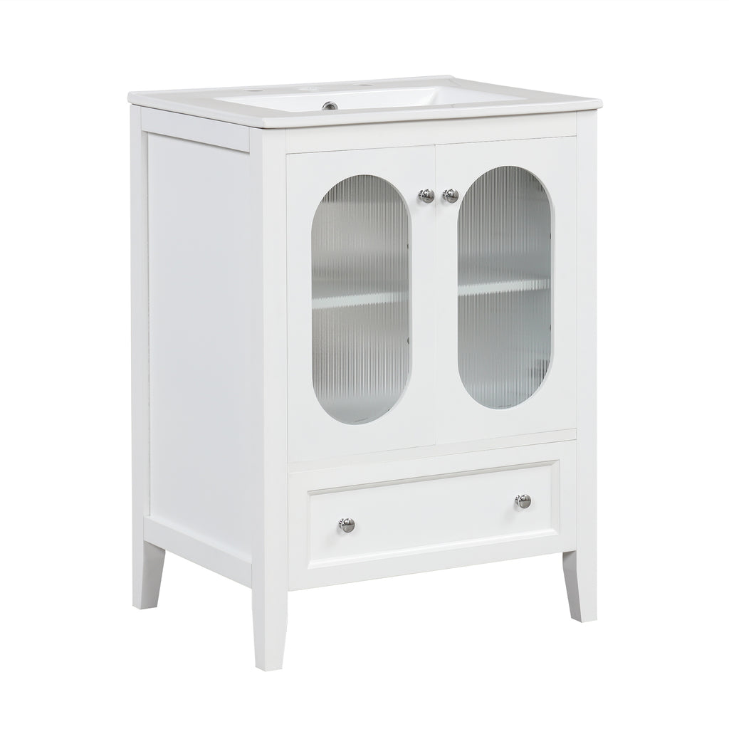 24" Bathroom Vanity with Sink, Bathroom Vanity Cabinet with One Drawer and Doors, Adjustable Shelf, Solid Wood and MDF, White