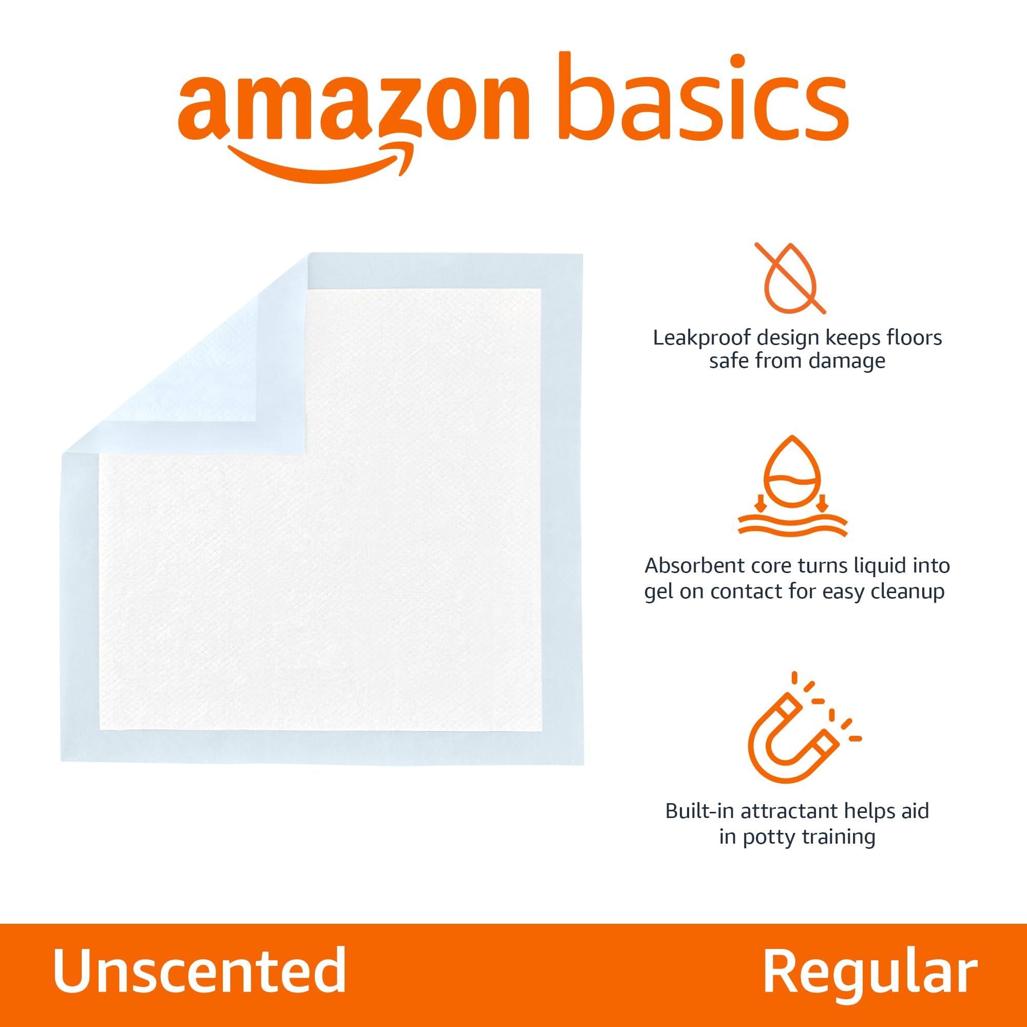 Amazone Basics Leak-Proof Dog and Puppy Potty Training Pee Pads with Quick-Dry 5-Layer Super Absorbent Design, Regular Size 22 x 22 inch, Blue & White, 100 Count