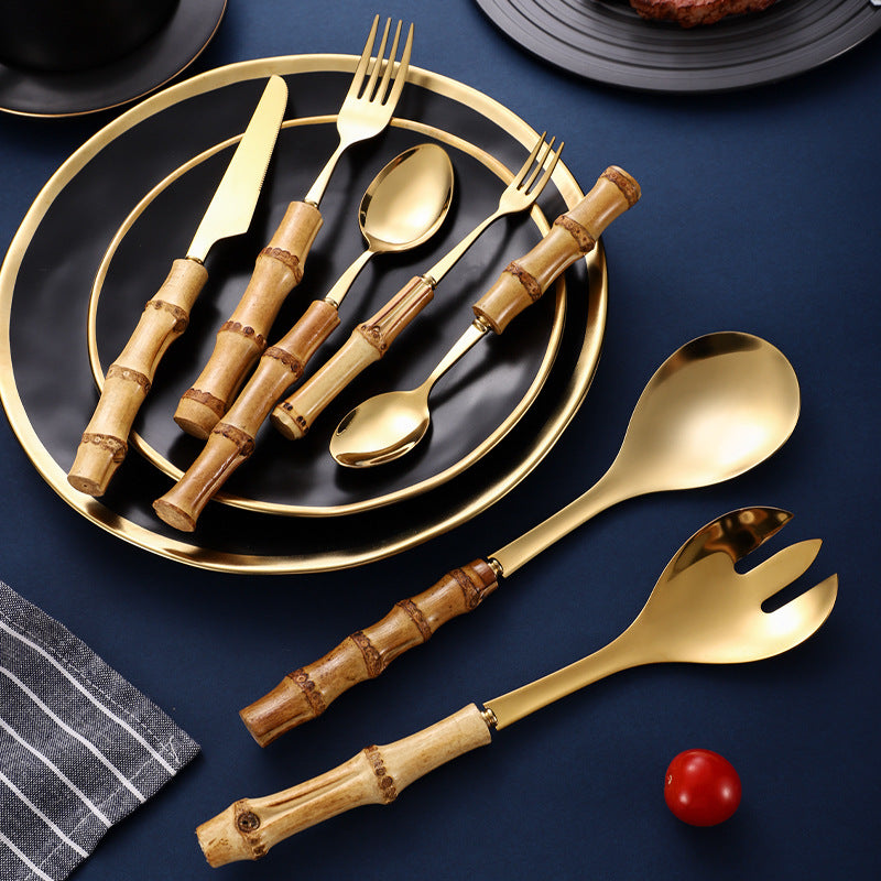 Natural Bamboo Handle Stainless Steel Tableware, Dessert Salad Spoon Fork, Bamboo Joint Handle, Western Food Steak Knife - Gold 7-Piece Set