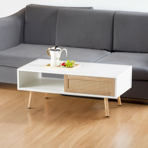41.34" Rattan Coffee table sliding door for storage solid wood legs White - White + Solid Wood+MDF
