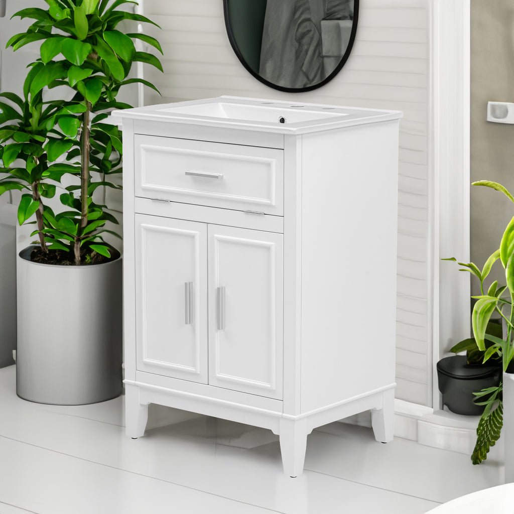 24" Bathroom Vanity with Sink, Bathroom Vanity Cabinet with One Flip Drawer and Doors, Solid Wood and MDF, White - White