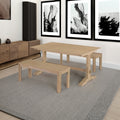 TREXM 3-piece retro dining table, rectangular stand table, and 2 4-person wooden stools (made of natural wood) - Natural Wood + Solid Wood+MDF