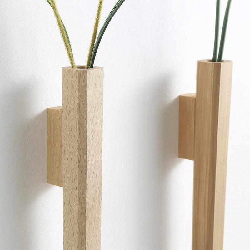 Creative Nordic light luxury solid wood foyer with wooden vase, wall decoration for living room, hanging Japanese walnut flower ware on the wall